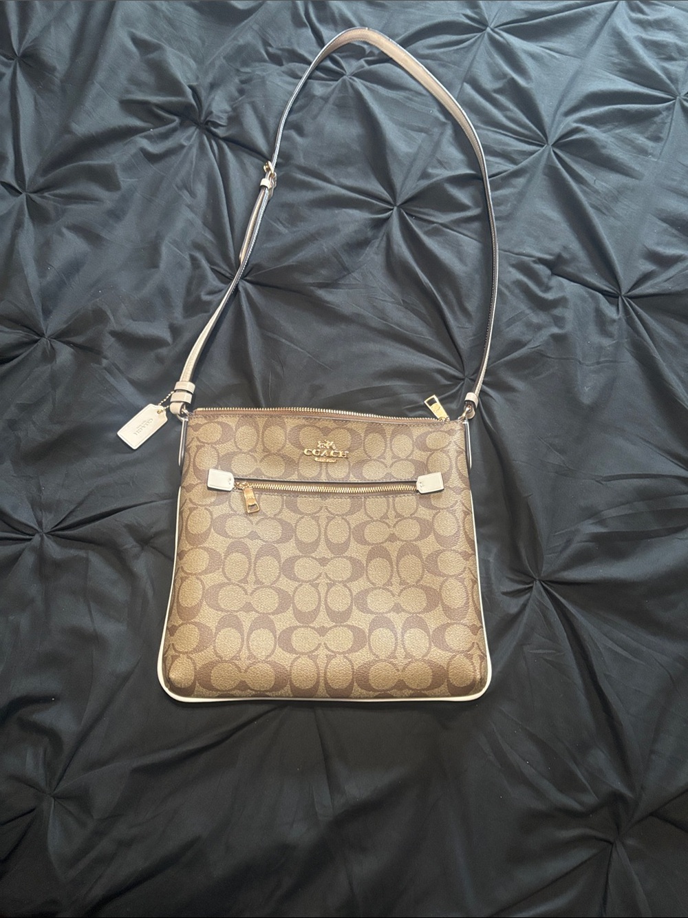 Coach Brown Signature Canvas Crossbody Bag with Cream Trim
